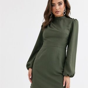 ASOS DESIGN high neck mini dress with long sleeves in khaki